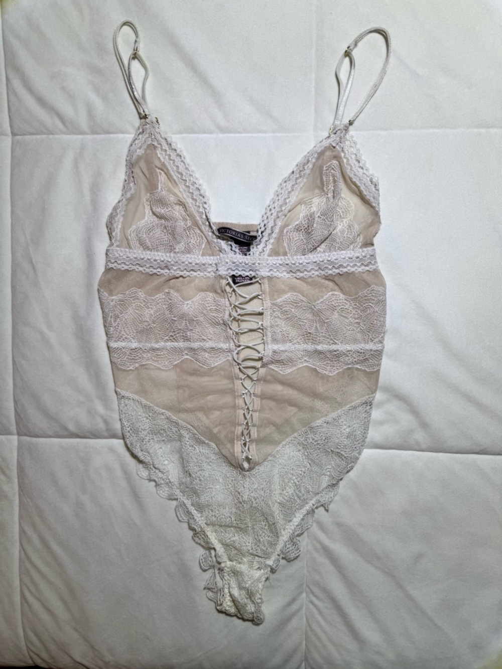 Victoria's Secret Lace-Up Sheer lingerie in White and Nude